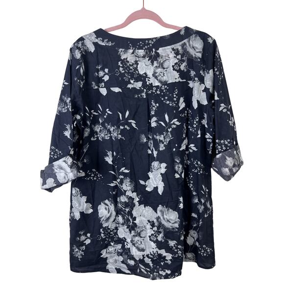 Soft Surroundings Blue Floral Tunic Top Roll Tab Sleeve Size L - Picture 5 of 11